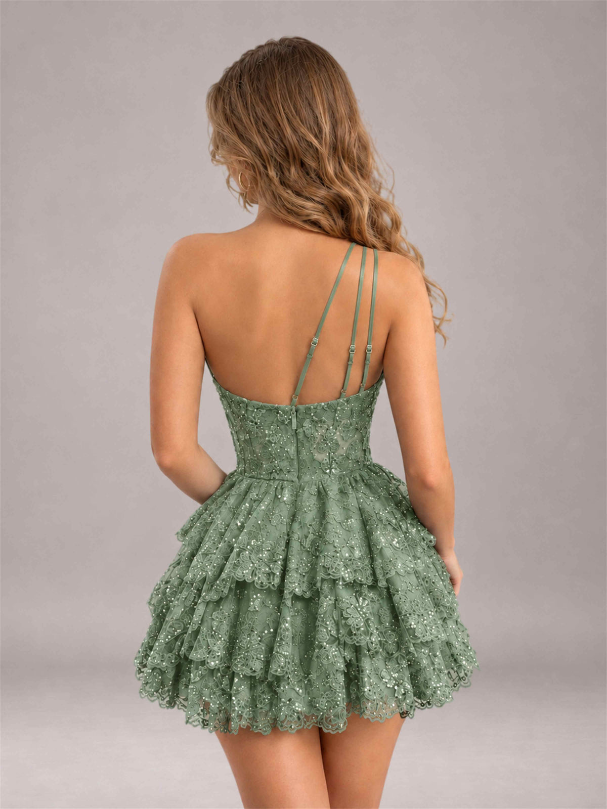 Eucalyptus Sequined One Shoulder Tulle Mini Homecoming Dress with Tiered Skirt