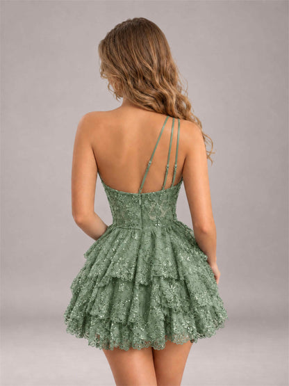 Eucalyptus Sequined One Shoulder Tulle Mini Homecoming Dress with Tiered Skirt