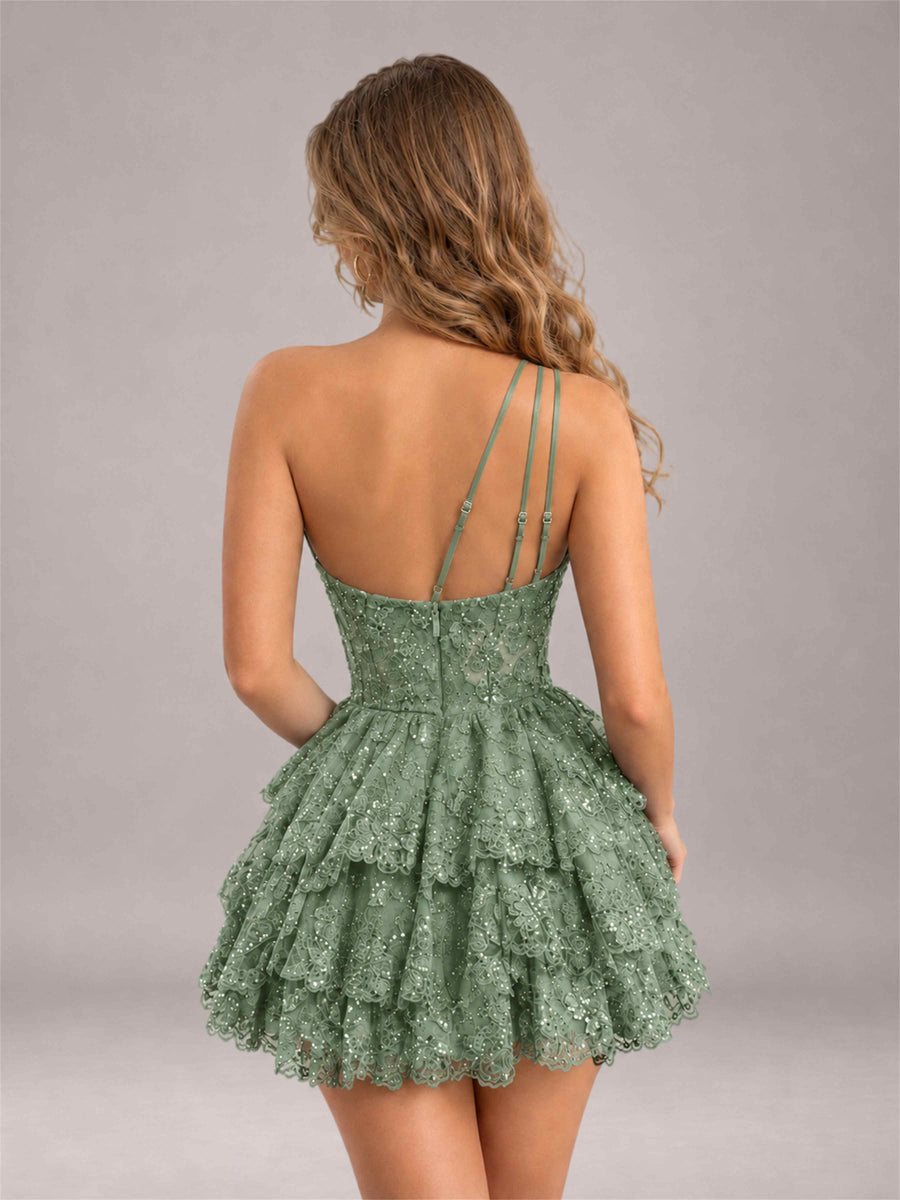 Eucalyptus Sequined One Shoulder Tulle Mini Homecoming Dress with Tiered Skirt