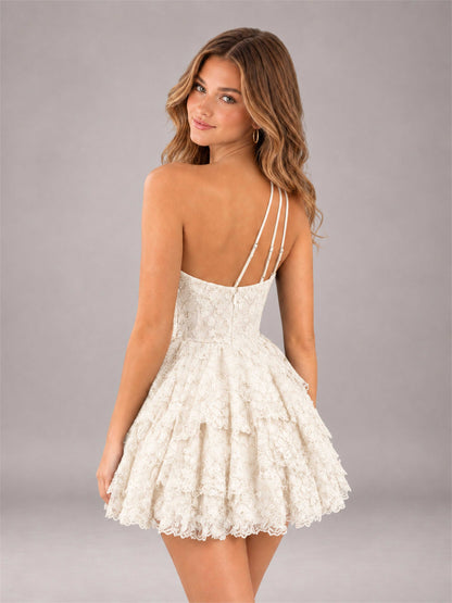 Ivory Sequined One Shoulder Tulle Mini Homecoming Dress with Tiered Skirt