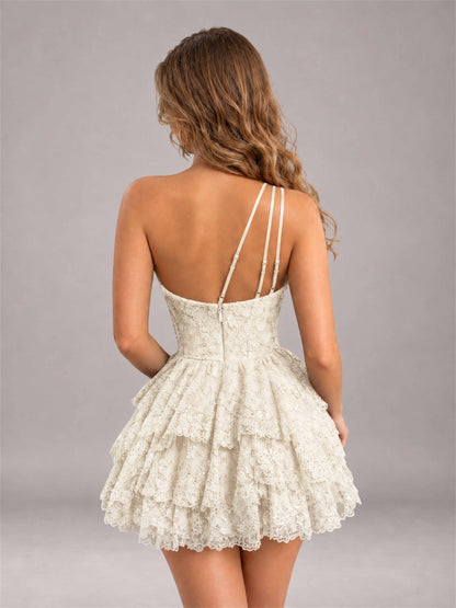 Ivory Sequined One Shoulder Tulle Mini Homecoming Dress with Tiered Skirt