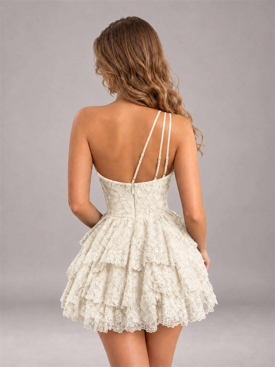 Ivory Sequined One Shoulder Tulle Mini Homecoming Dress with Tiered Skirt