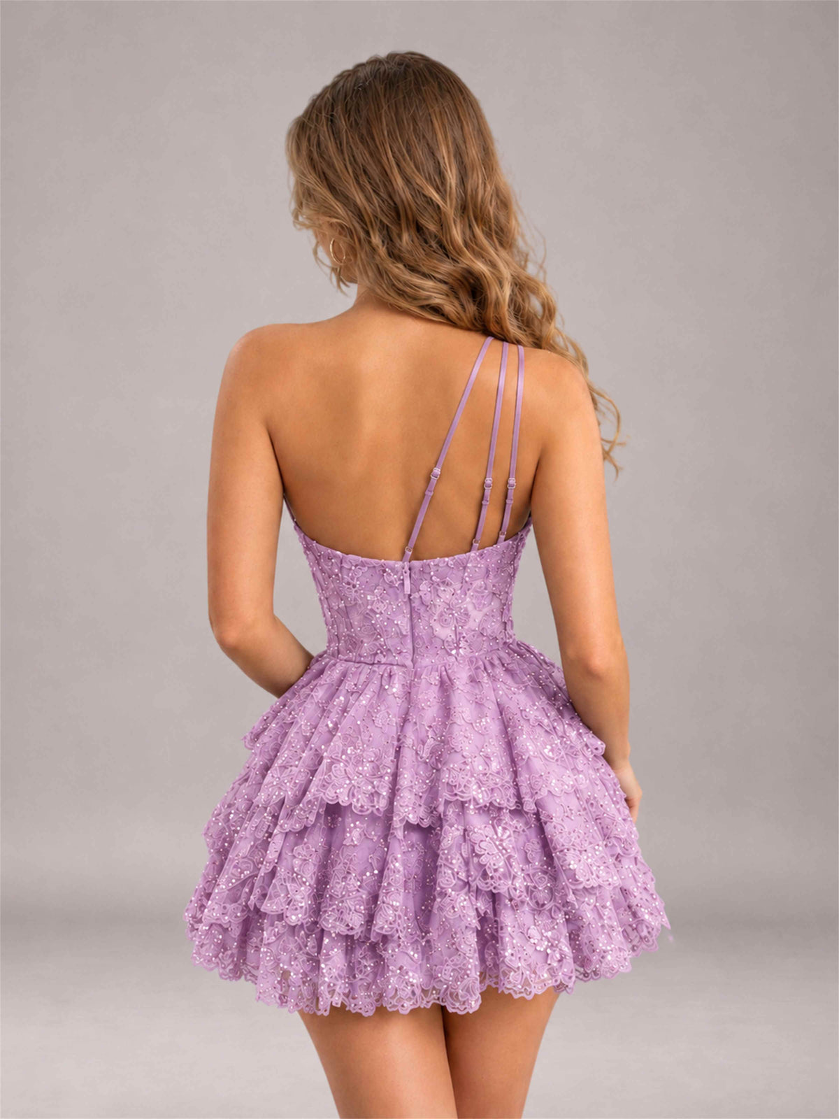 Lilac Sequined One Shoulder Tulle Mini Homecoming Dress with Tiered Skirt