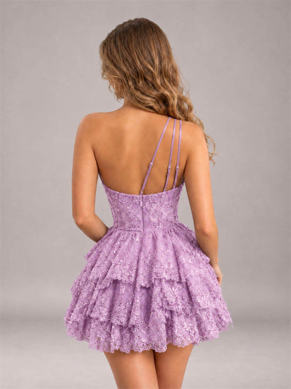 Lilac Sequined One Shoulder Tulle Mini Homecoming Dress with Tiered Skirt