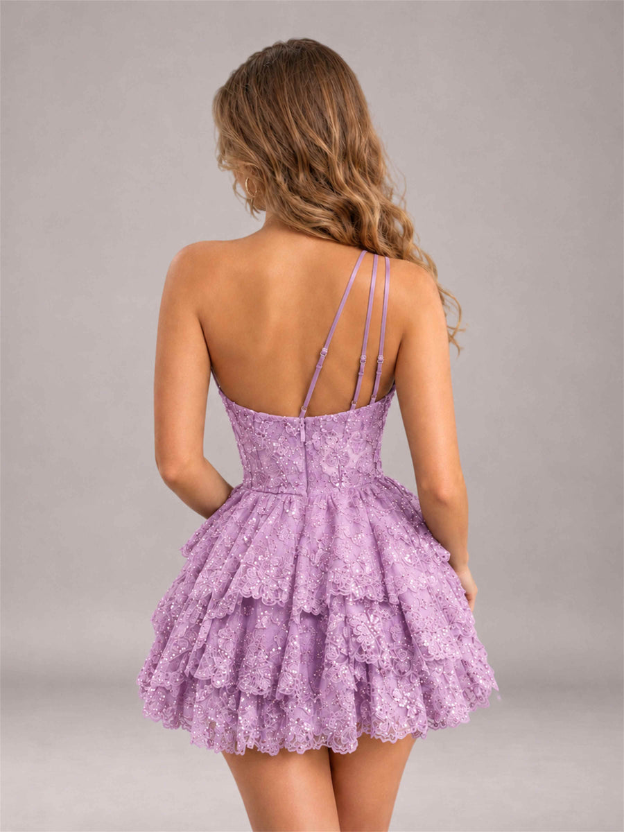 Lilac Sequined One Shoulder Tulle Mini Homecoming Dress with Tiered Skirt