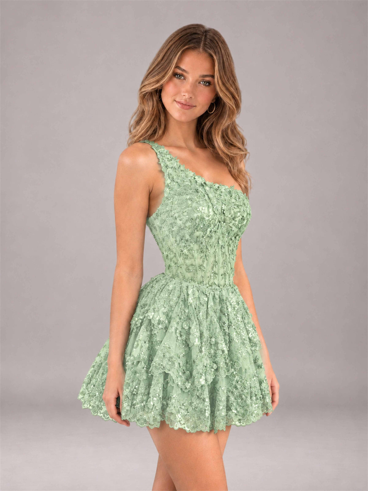 Mint Green Sequined One Shoulder Tulle Mini Homecoming Dress with Tiered Skirt