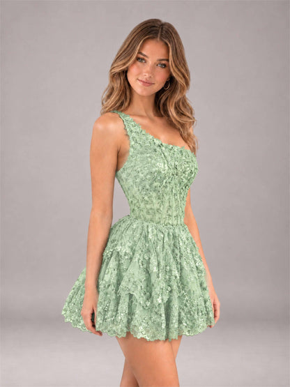 Mint Green Sequined One Shoulder Tulle Mini Homecoming Dress with Tiered Skirt