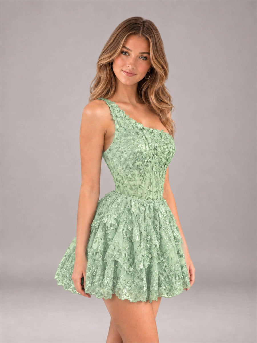 Mint Green Sequined One Shoulder Tulle Mini Homecoming Dress with Tiered Skirt