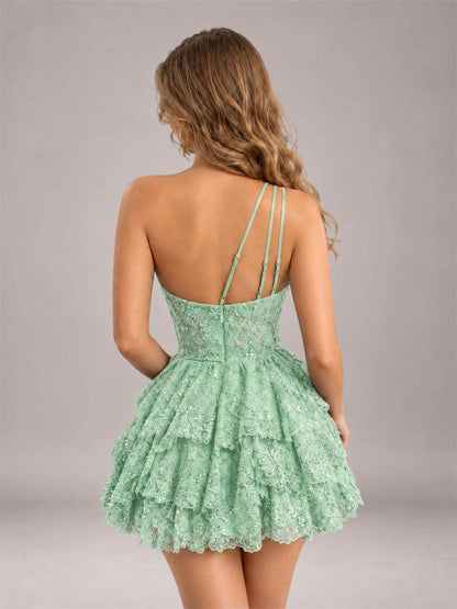 Mint Green Sequined One Shoulder Tulle Mini Homecoming Dress with Tiered Skirt