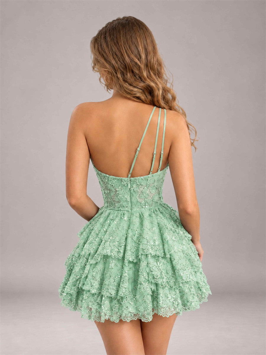 Mint Green Sequined One Shoulder Tulle Mini Homecoming Dress with Tiered Skirt