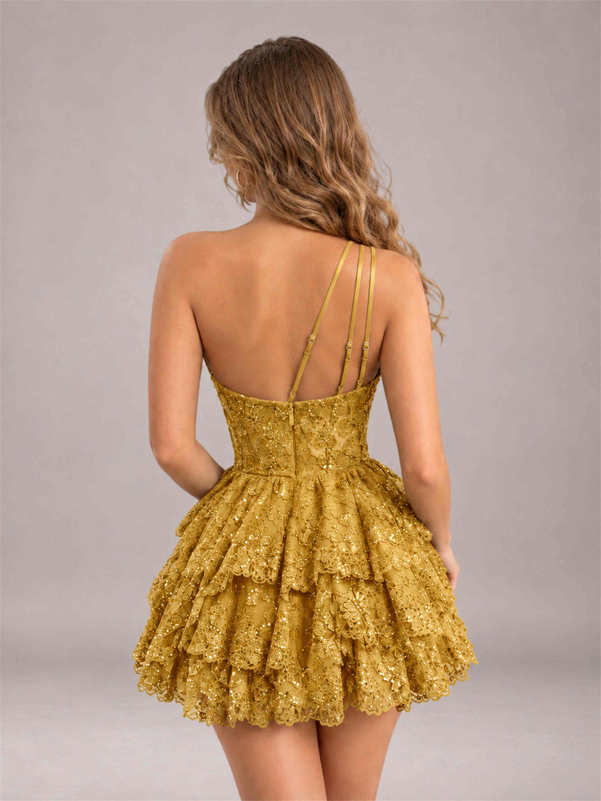 Mustard Sequined One Shoulder Tulle Mini Homecoming Dress with Tiered Skirt
