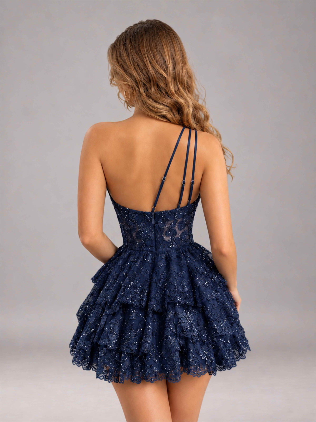 Navy Blue Sequined One Shoulder Tulle Mini Homecoming Dress with Tiered Skirt