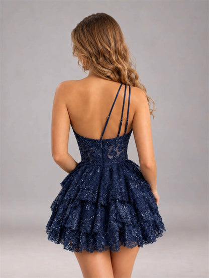 Navy Blue Sequined One Shoulder Tulle Mini Homecoming Dress with Tiered Skirt