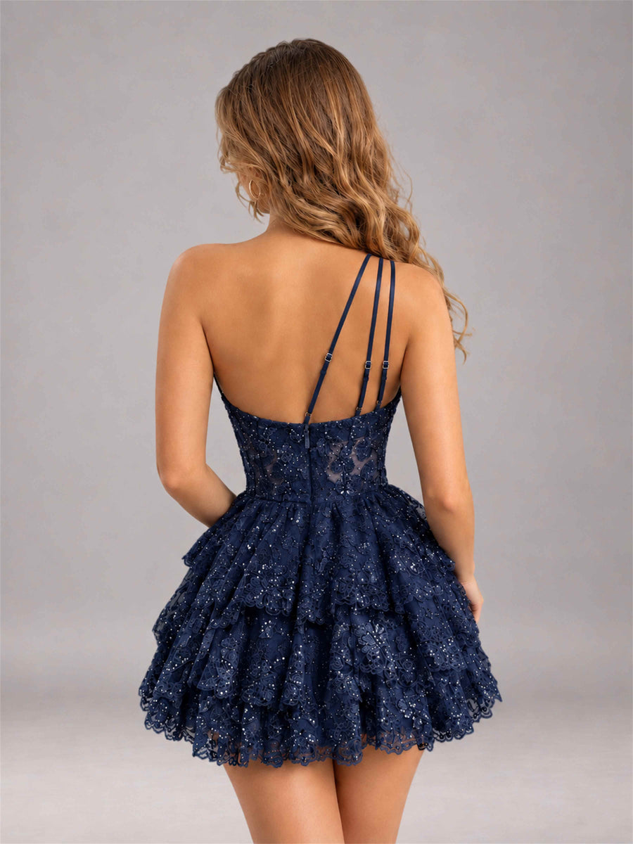 Navy Blue Sequined One Shoulder Tulle Mini Homecoming Dress with Tiered Skirt