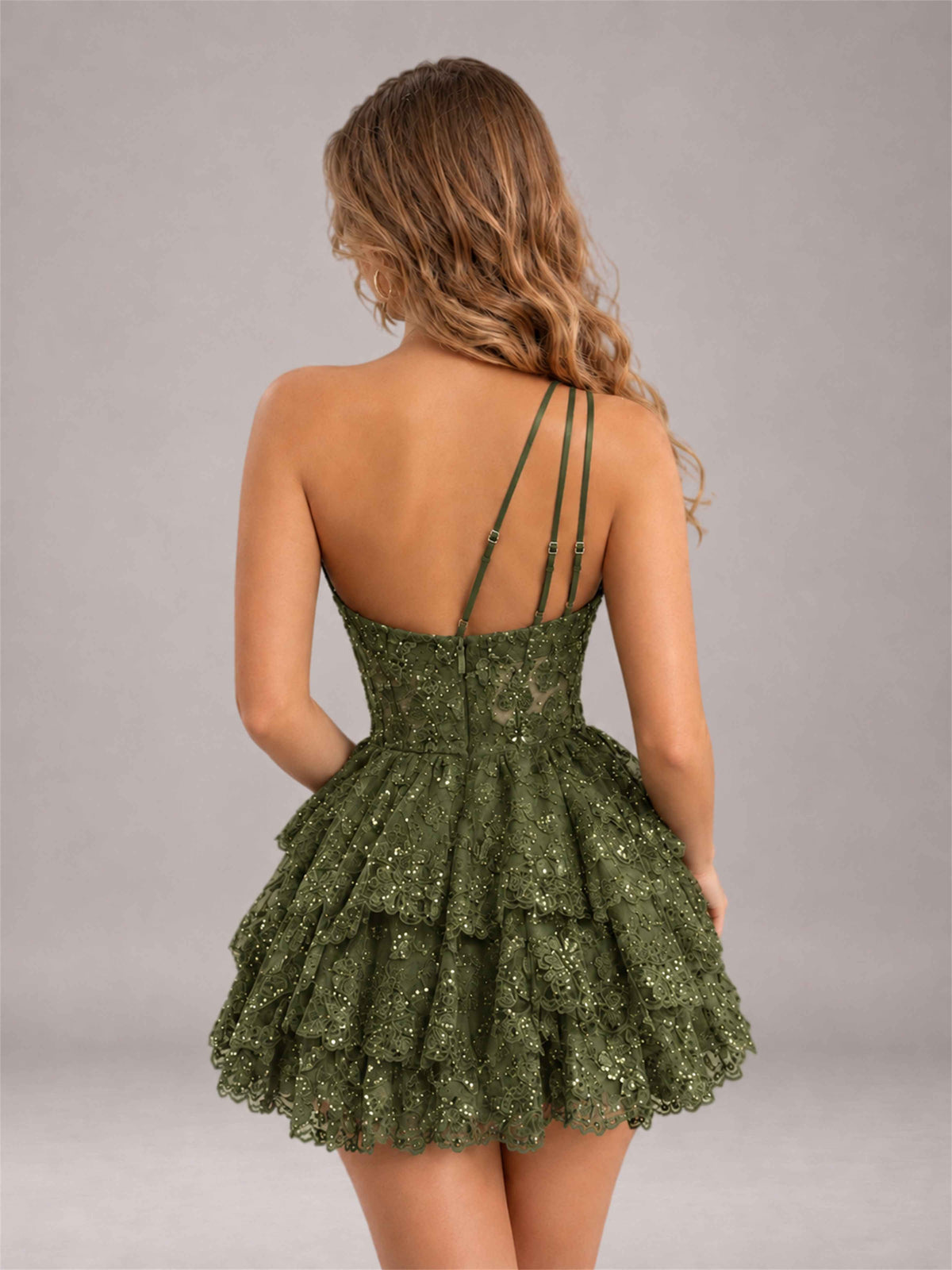 Olive Green Sequined One Shoulder Tulle Mini Homecoming Dress with Tiered Skirt