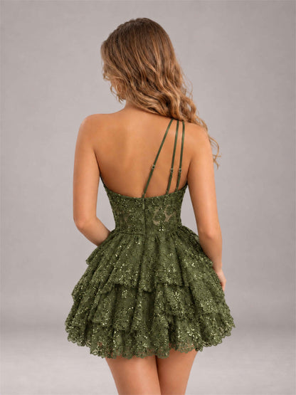 Olive Green Sequined One Shoulder Tulle Mini Homecoming Dress with Tiered Skirt