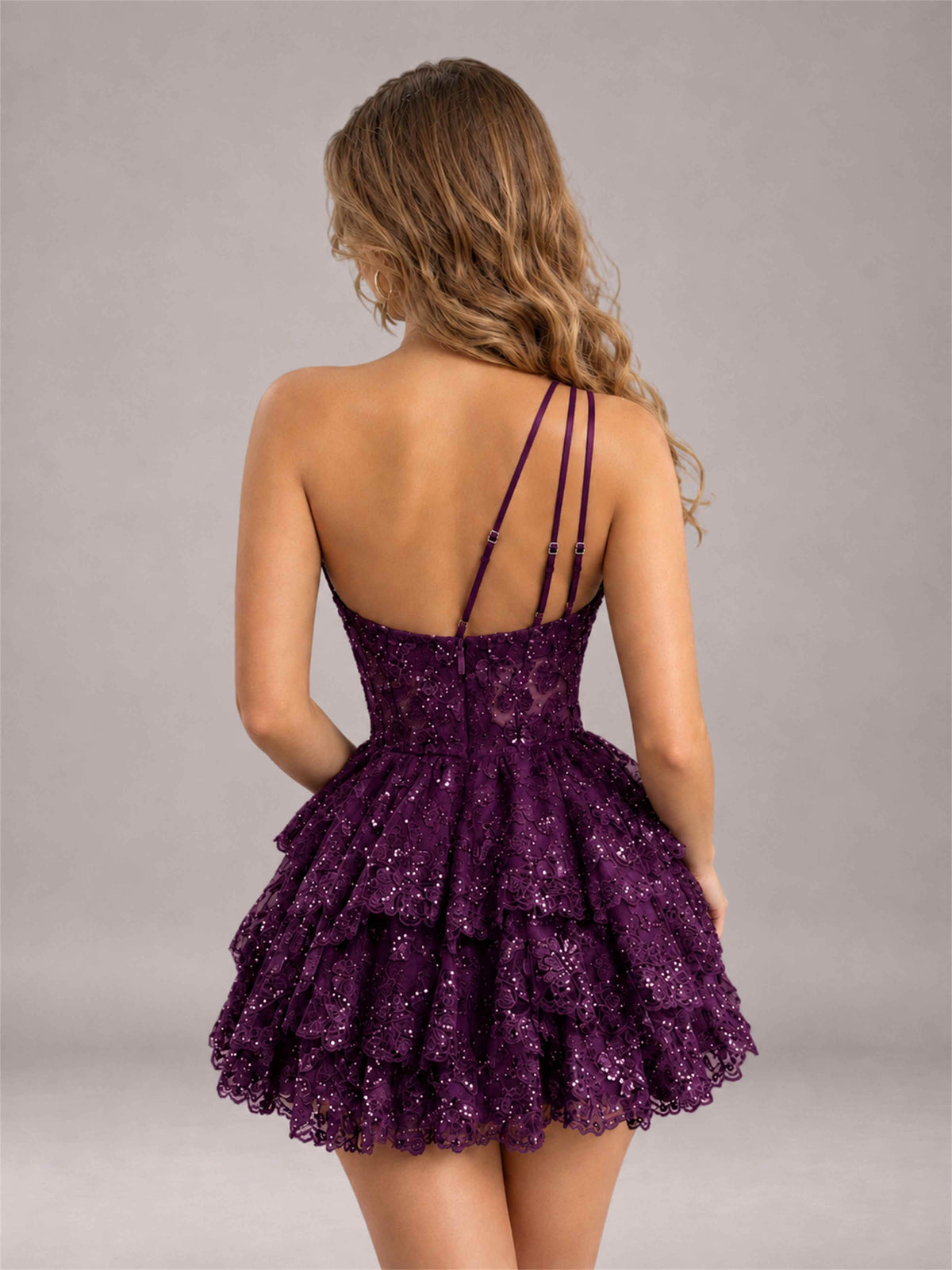 Plum Sequined One Shoulder Tulle Mini Homecoming Dress with Tiered Skirt