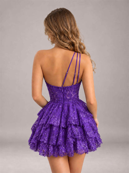 Purple Sequined One Shoulder Tulle Mini Homecoming Dress with Tiered Skirt