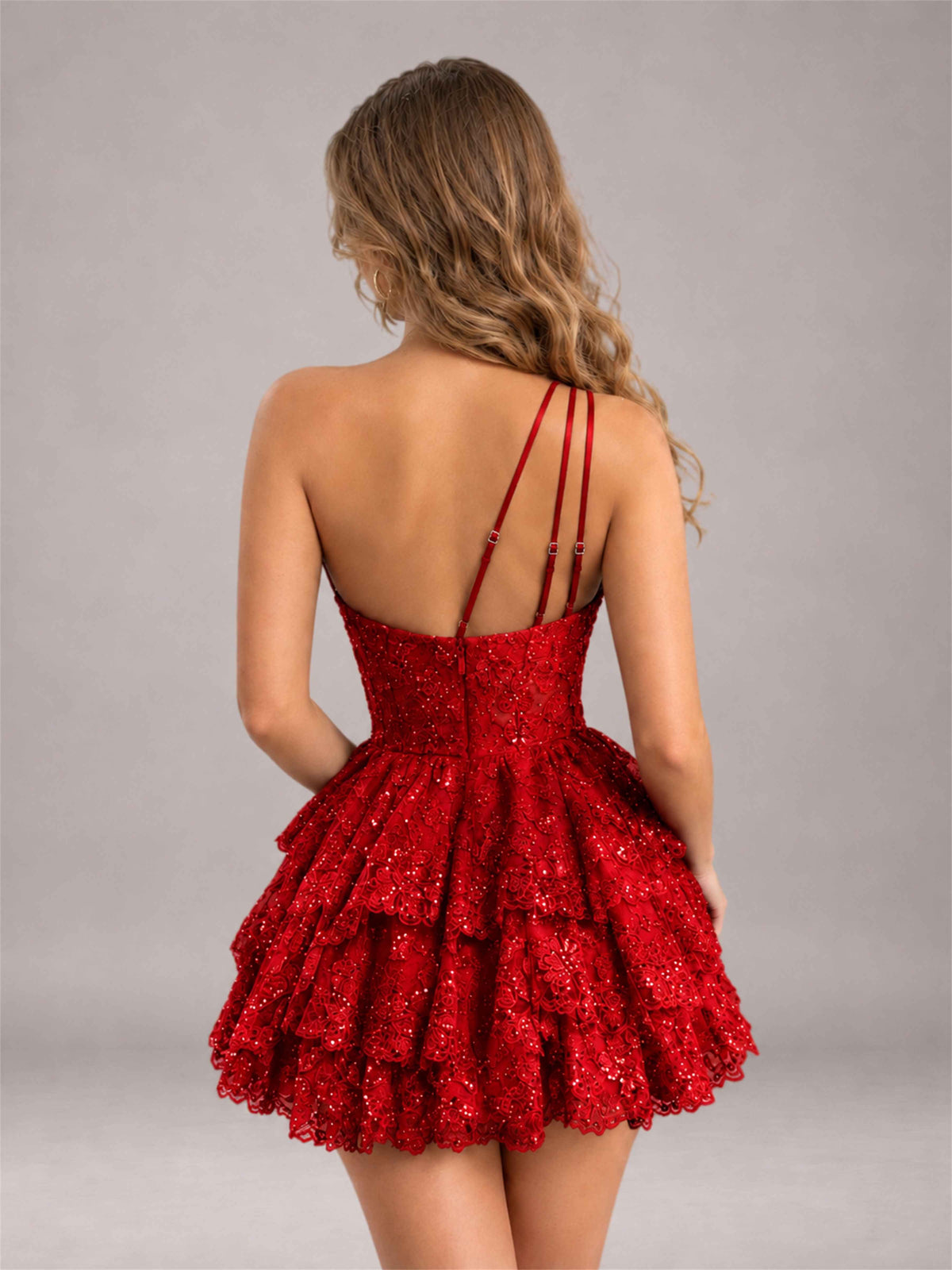 Red Sequined One Shoulder Tulle Mini Homecoming Dress with Tiered Skirt