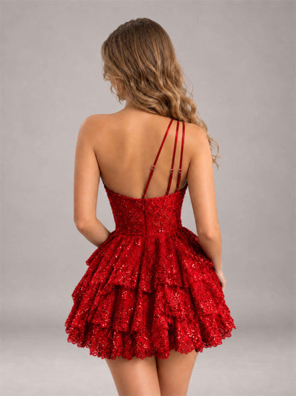 Red Sequined One Shoulder Tulle Mini Homecoming Dress with Tiered Skirt