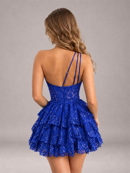 Royal Blue Sequined One Shoulder Tulle Mini Homecoming Dress with Tiered Skirt