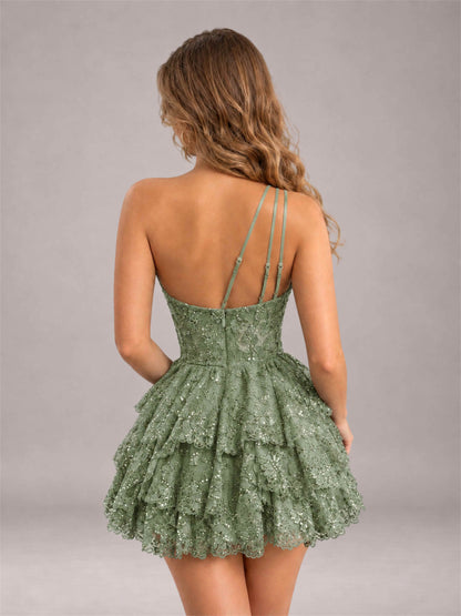 Sage Green Sequined One Shoulder Tulle Mini Homecoming Dress with Tiered Skirt