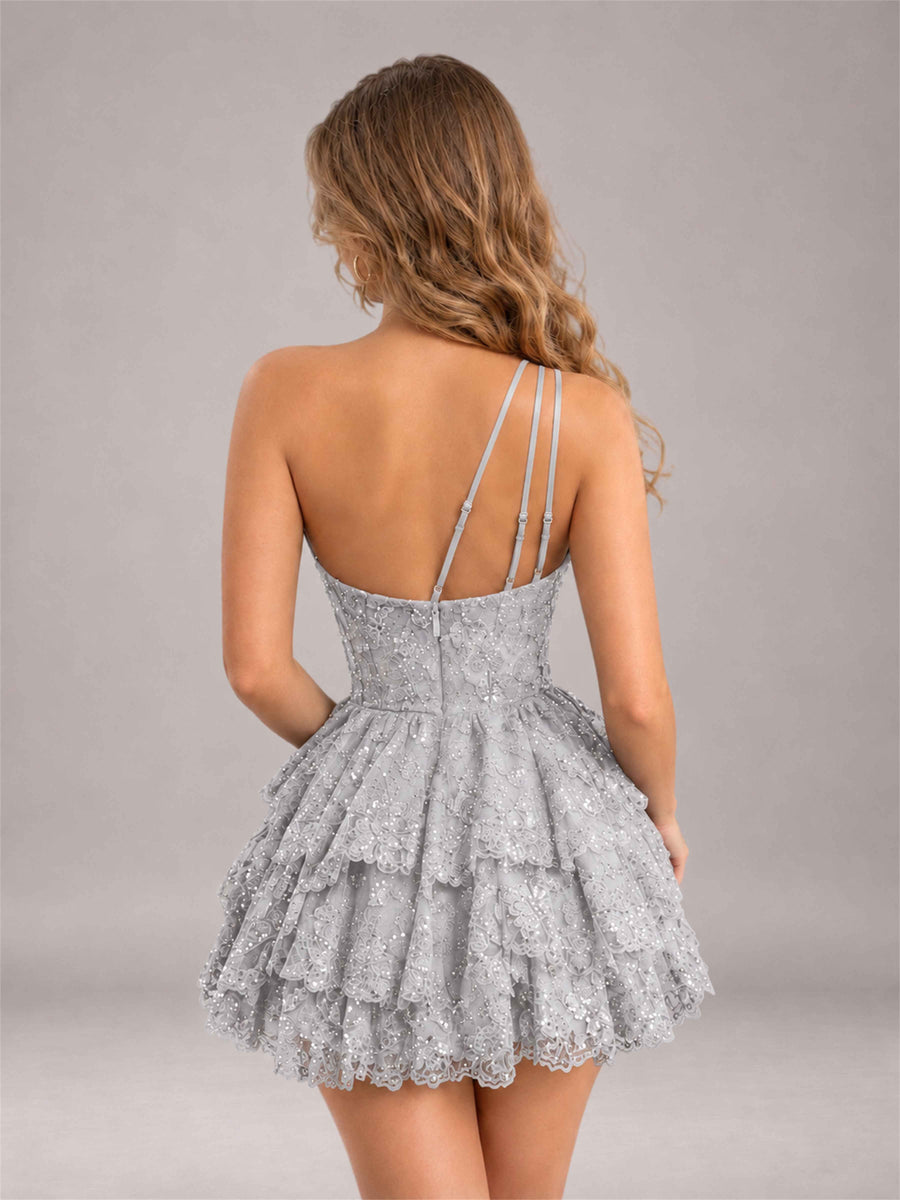 Silver Sequined One Shoulder Tulle Mini Homecoming Dress with Tiered Skirt