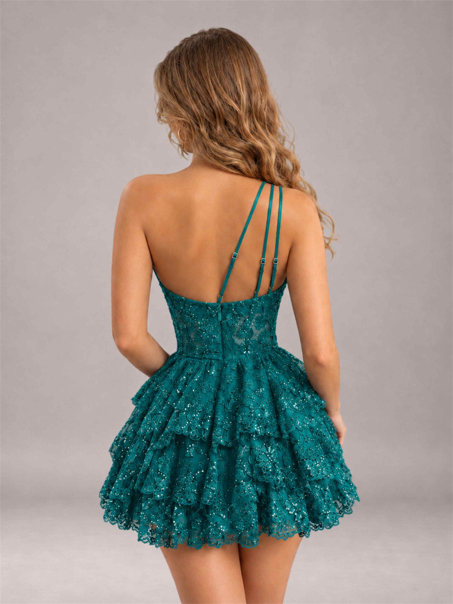 Teal Sequined One Shoulder Tulle Mini Homecoming Dress with Tiered Skirt