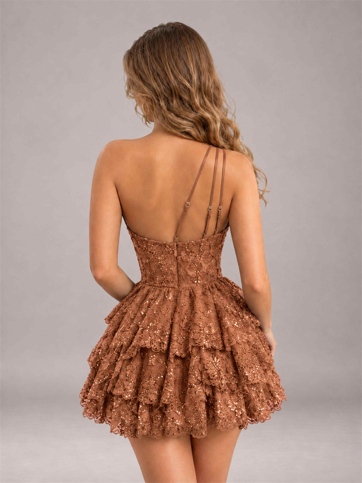 Terracotta Sequined One Shoulder Tulle Mini Homecoming Dress with Tiered Skirt