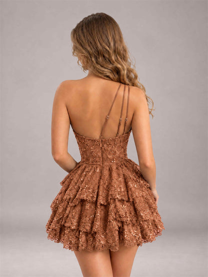 Terracotta Sequined One Shoulder Tulle Mini Homecoming Dress with Tiered Skirt