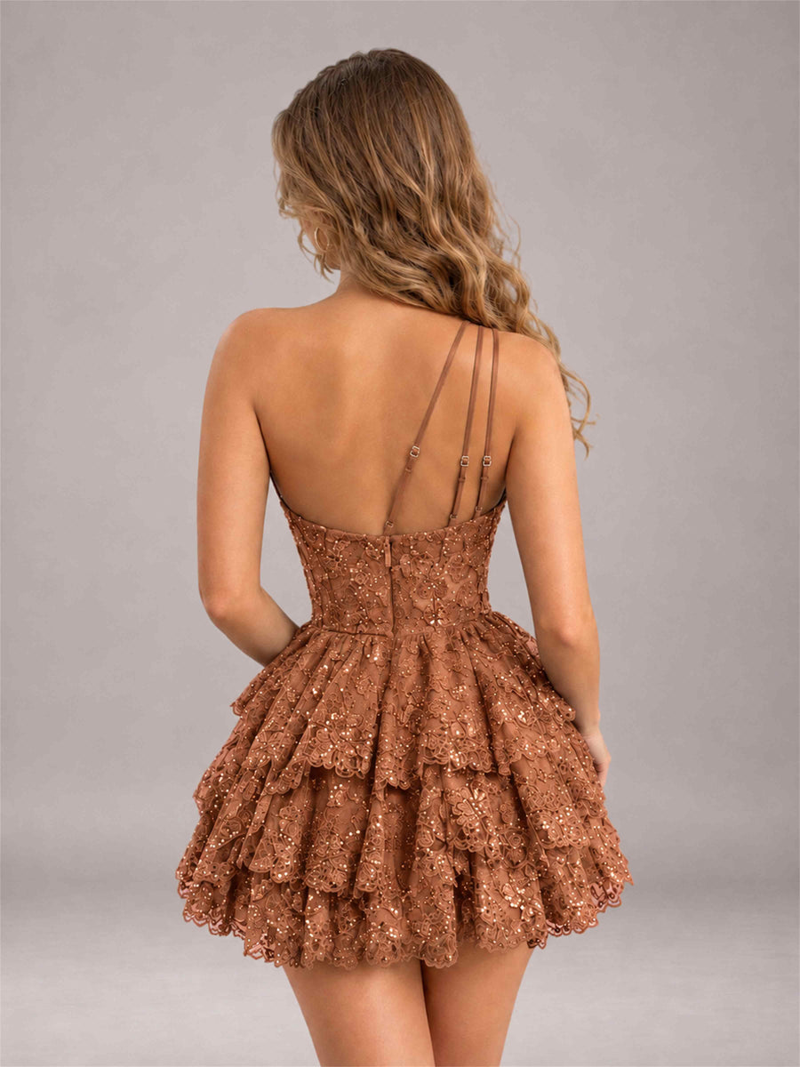 Terracotta Sequined One Shoulder Tulle Mini Homecoming Dress with Tiered Skirt