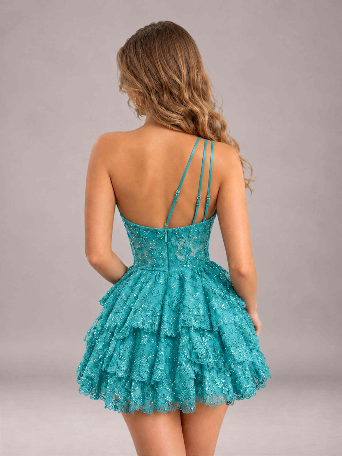 Turquoise Sequined One Shoulder Tulle Mini Homecoming Dress with Tiered Skirt