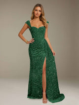 Free Shipping Sequins Mermaid Sweetheart Floor Length Prom Dress with Cap Sleeves