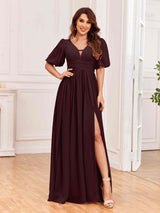 Serene V-Neck Lantern Sleeves Slit Chiffon Bridesmaid Dresses