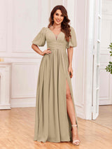 Serene V-Neck Lantern Sleeves Slit Chiffon Bridesmaid Dresses