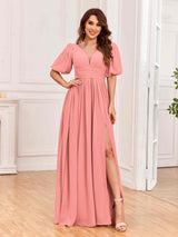 Serene V-Neck Lantern Sleeves Slit Chiffon Bridesmaid Dresses