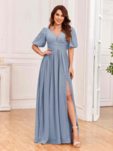 Serene V-Neck Lantern Sleeves Slit Chiffon Bridesmaid Dresses