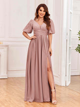 Serene V-Neck Lantern Sleeves Slit Chiffon Bridesmaid Dresses
