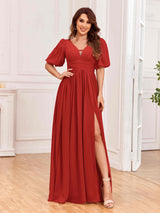 Serene V-Neck Lantern Sleeves Slit Chiffon Bridesmaid Dresses
