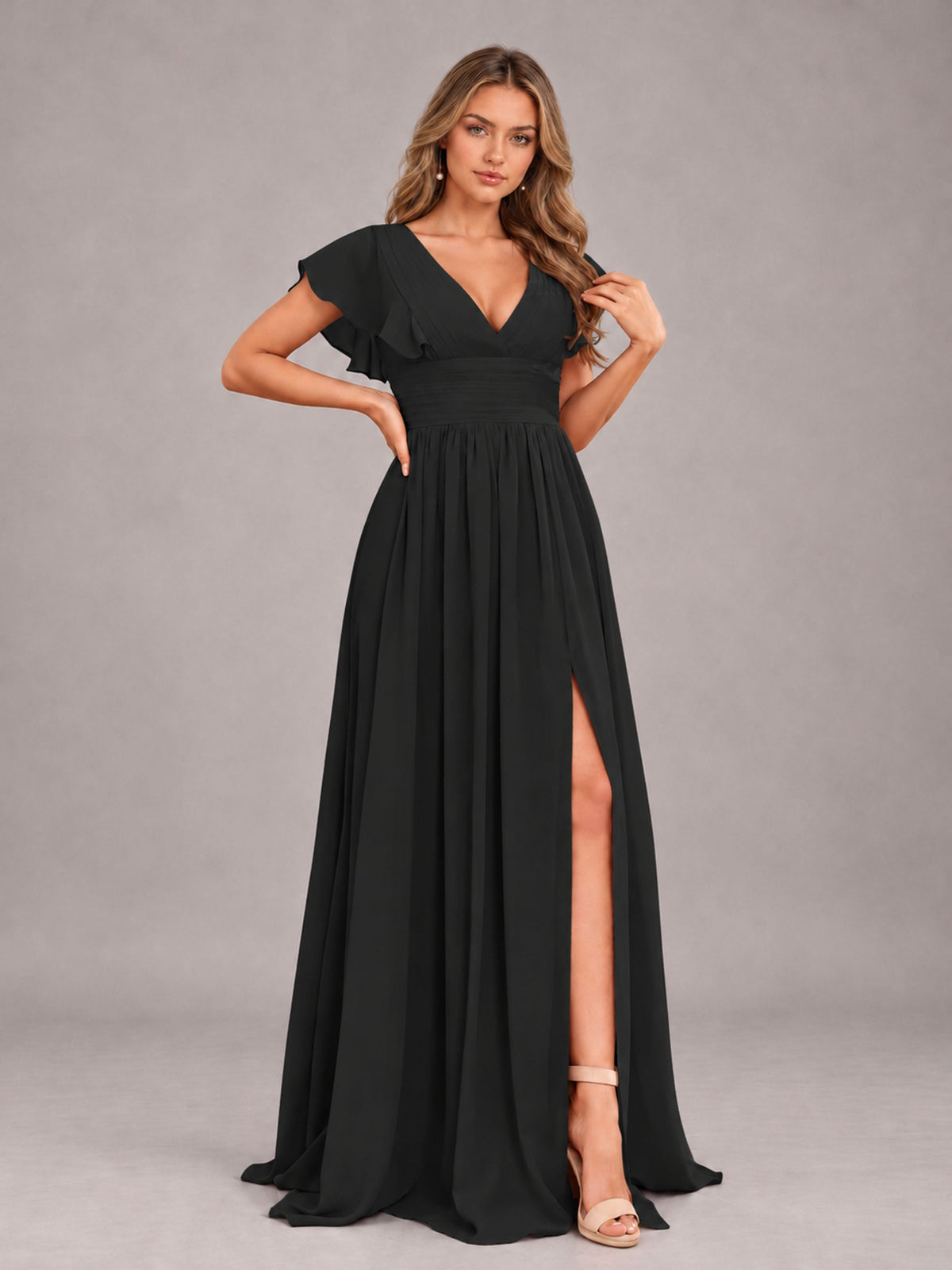 Black Sexy V-Neck Slit Floor Length Bridesmaid Dress With Pockets