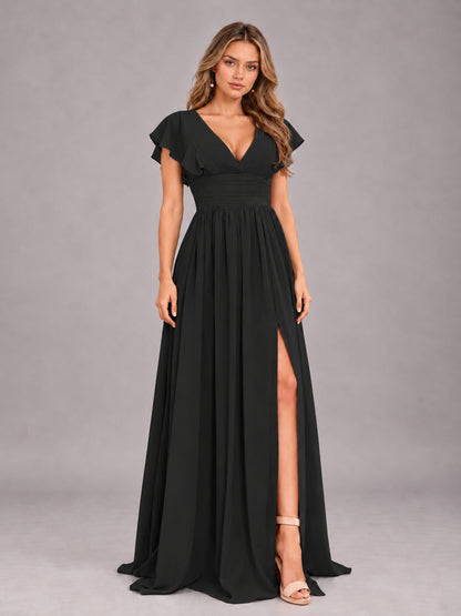 Black Sexy V-Neck Slit Floor Length Bridesmaid Dress With Pockets