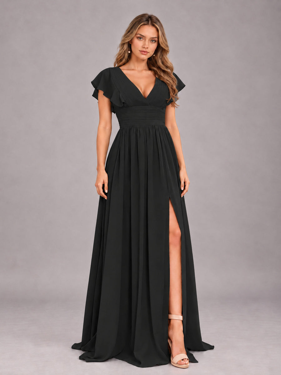 Black Sexy V-Neck Slit Floor Length Bridesmaid Dress With Pockets