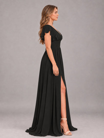 Black Sexy V-Neck Slit Floor Length Bridesmaid Dress With Pockets
