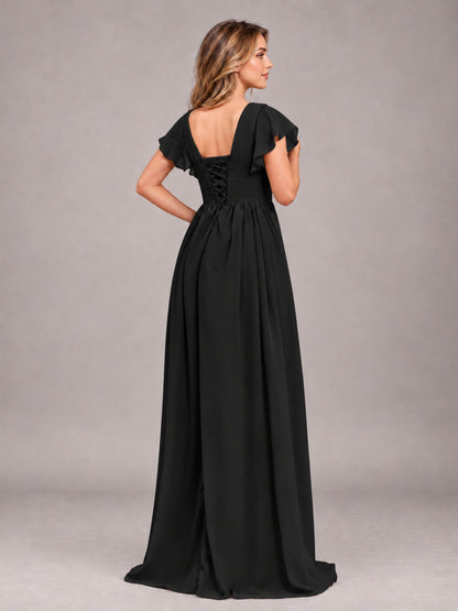 Black Sexy V-Neck Slit Floor Length Bridesmaid Dress With Pockets