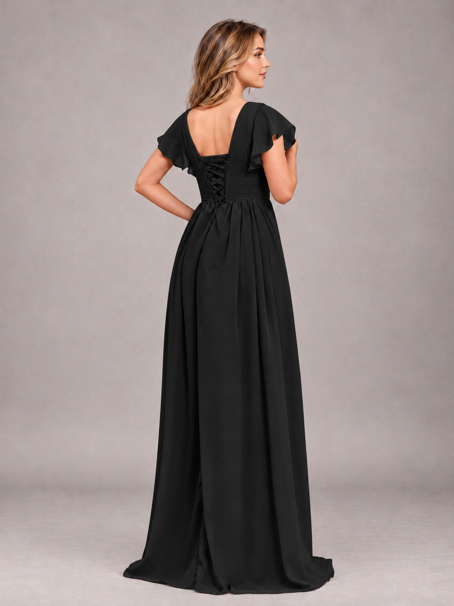 Black Sexy V-Neck Slit Floor Length Bridesmaid Dress With Pockets