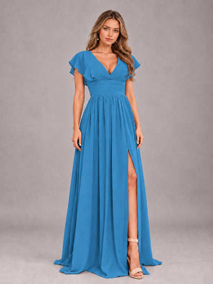 Blue Sexy V-Neck Slit Floor Length Bridesmaid Dress With Pockets