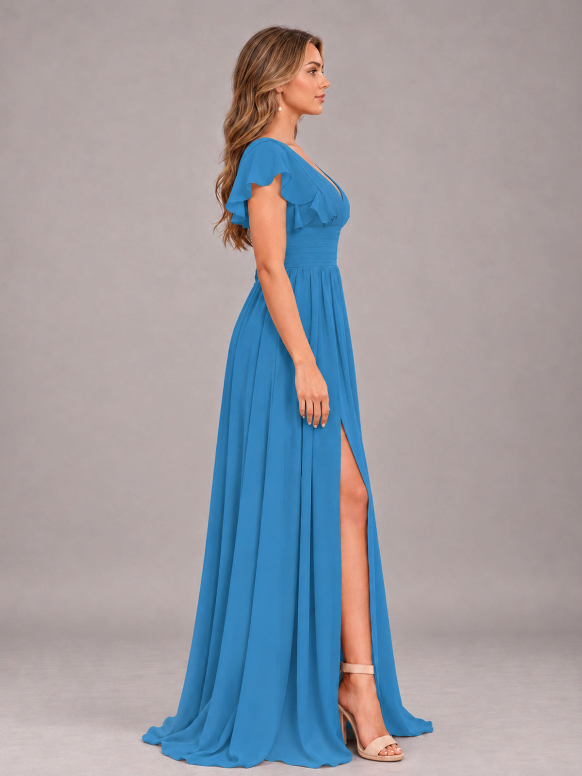 Blue Sexy V-Neck Slit Floor Length Bridesmaid Dress With Pockets