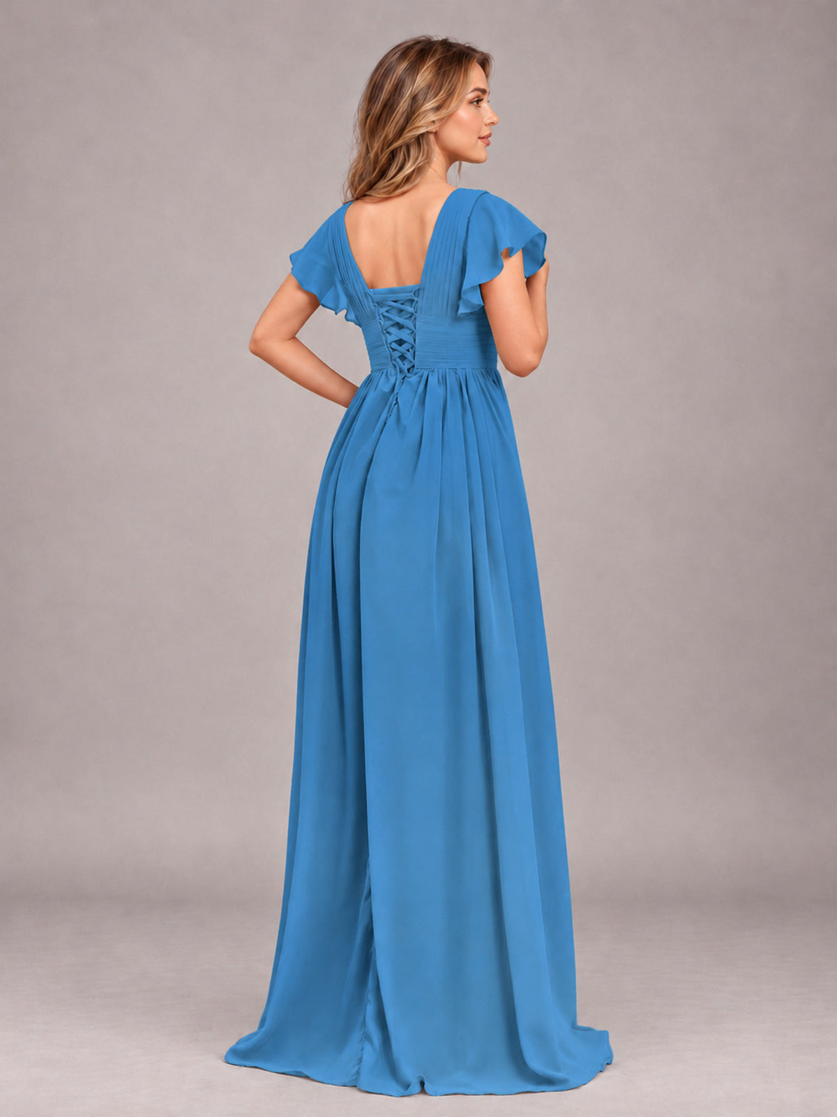Blue Sexy V-Neck Slit Floor Length Bridesmaid Dress With Pockets