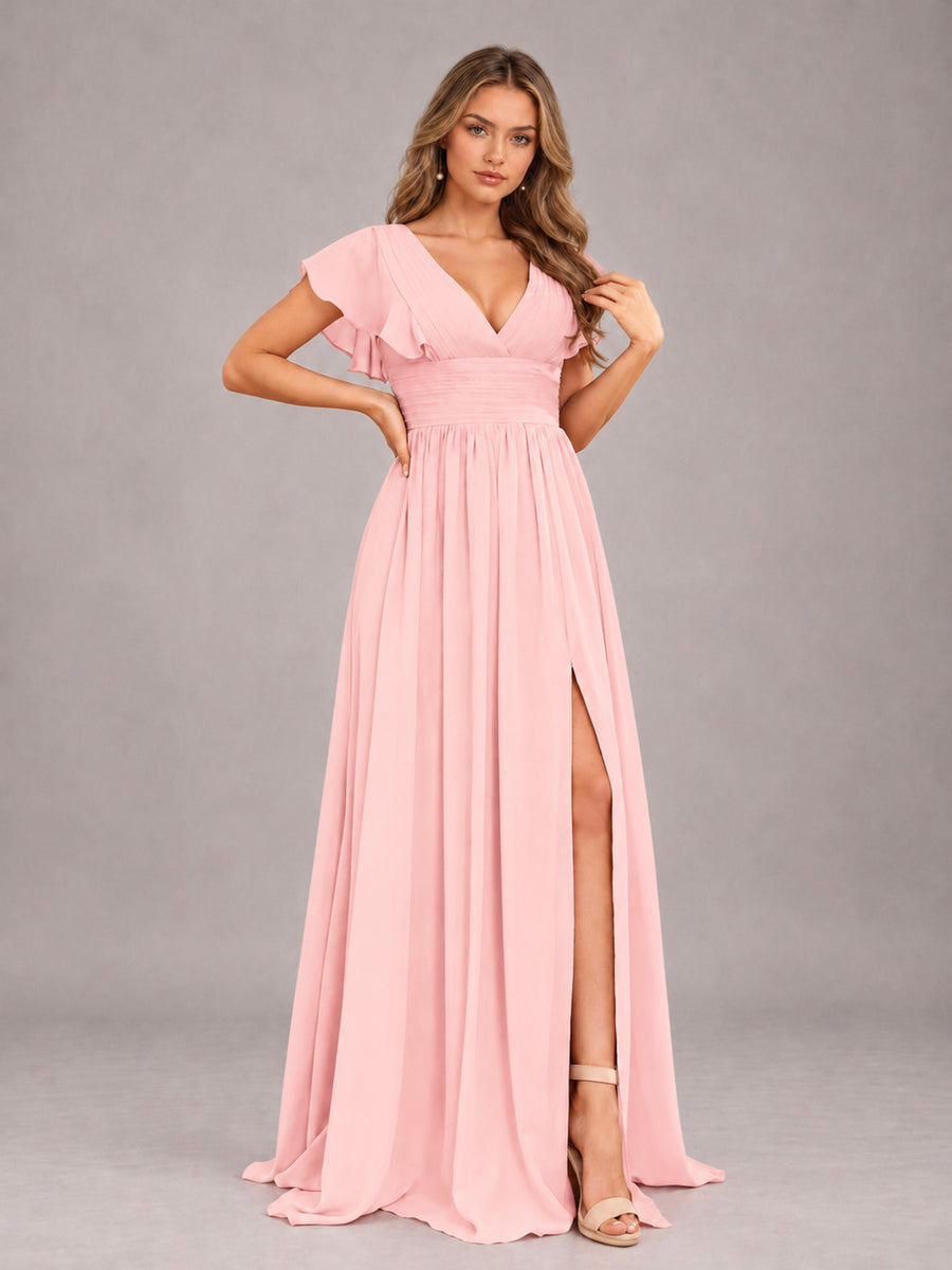 Blush Pink Sexy V-Neck Slit Floor Length Bridesmaid Dress With Pockets