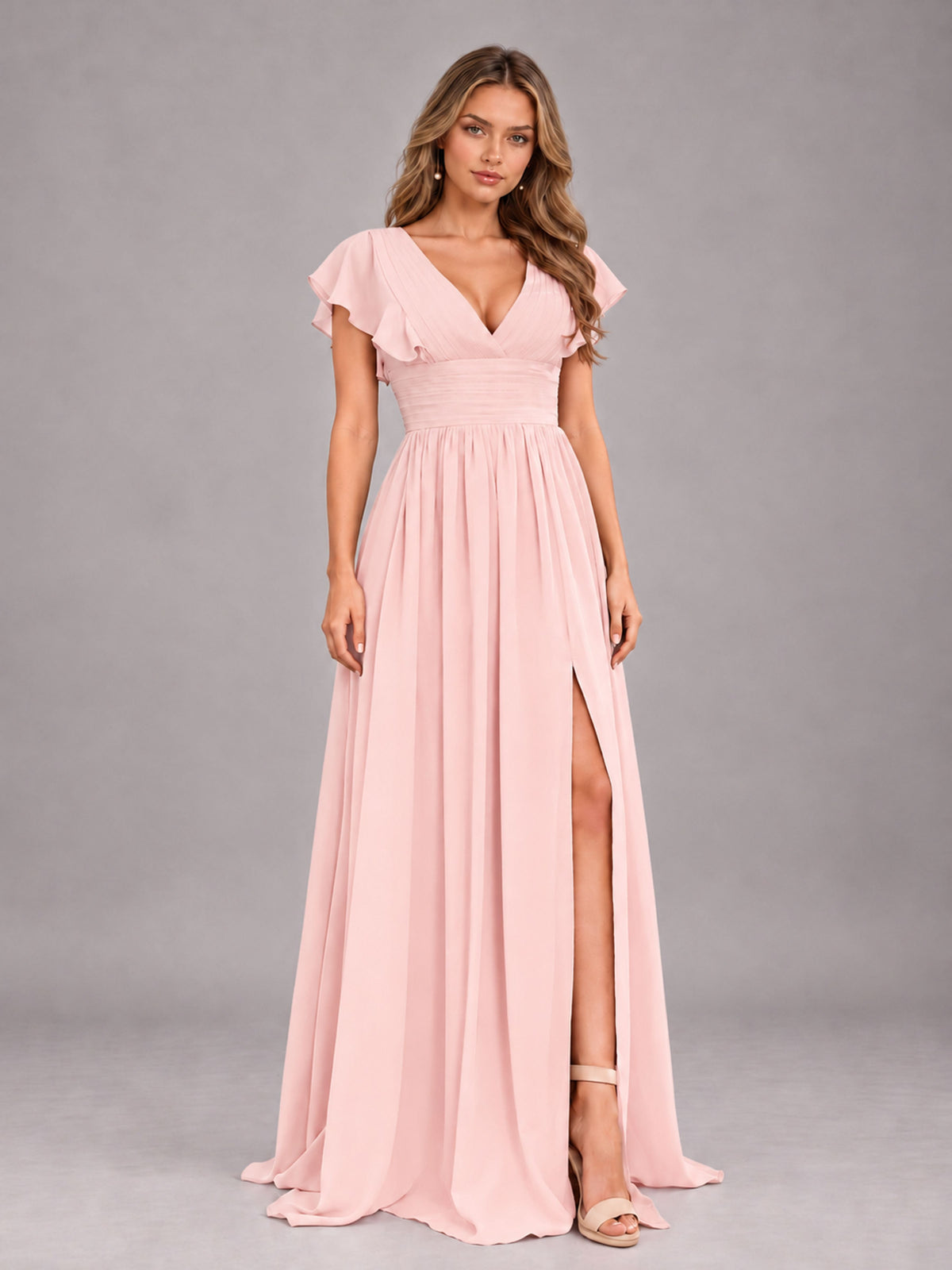 Blush Pink Sexy V-Neck Slit Floor Length Bridesmaid Dress With Pockets